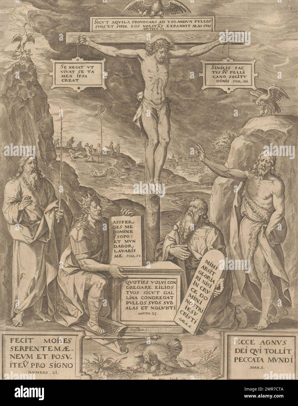Allegory of the resurrection of Christ, Christ hangs on the cross. At the foot of the cross Moses and King David (left) and Paul and John the Baptist (right). Various references to the resurrection of Christ all around: above the cross and on the right an eagle, at the bottom a chicken with her chicks, and on the left a phoenix. In the background the creation of the copper serpent by Moses. Left and bottom right Bible quotes from Num. 21 and John 1 in Latin., print maker: Hieronymus Wierix, after design by: Chrispijn van den Broeck, publisher : Hans van Luyck, Antwerp, 1565 - c. 1586 Stock Photo