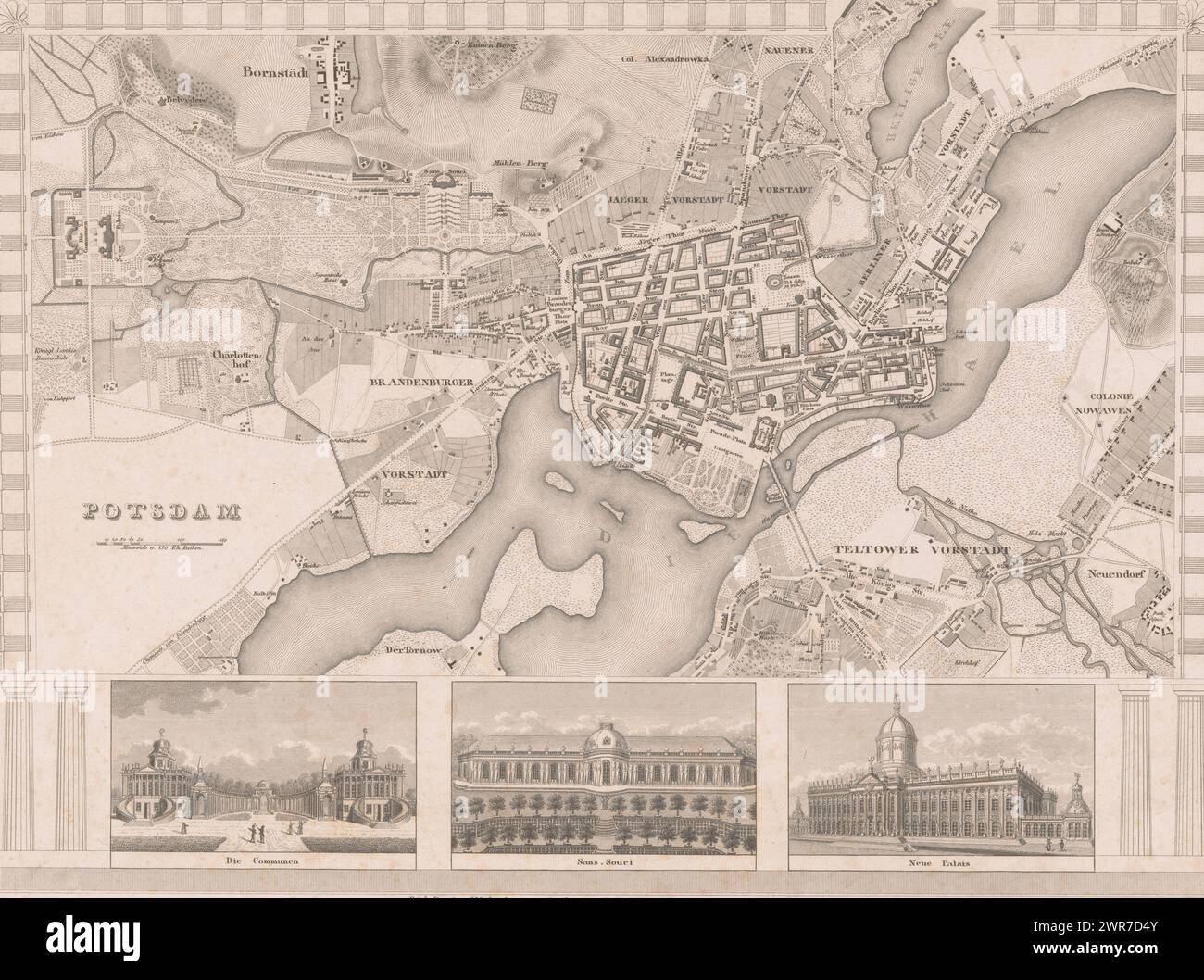 Map of Potsdam with three building details, print maker: J. Zipter, printer: Bibliographisches Institut, publisher: Bibliographisches Institut, Hildburghausen, 1828 - 1874, paper, steel engraving, height 270 mm × width 355 mm, print Stock Photo
