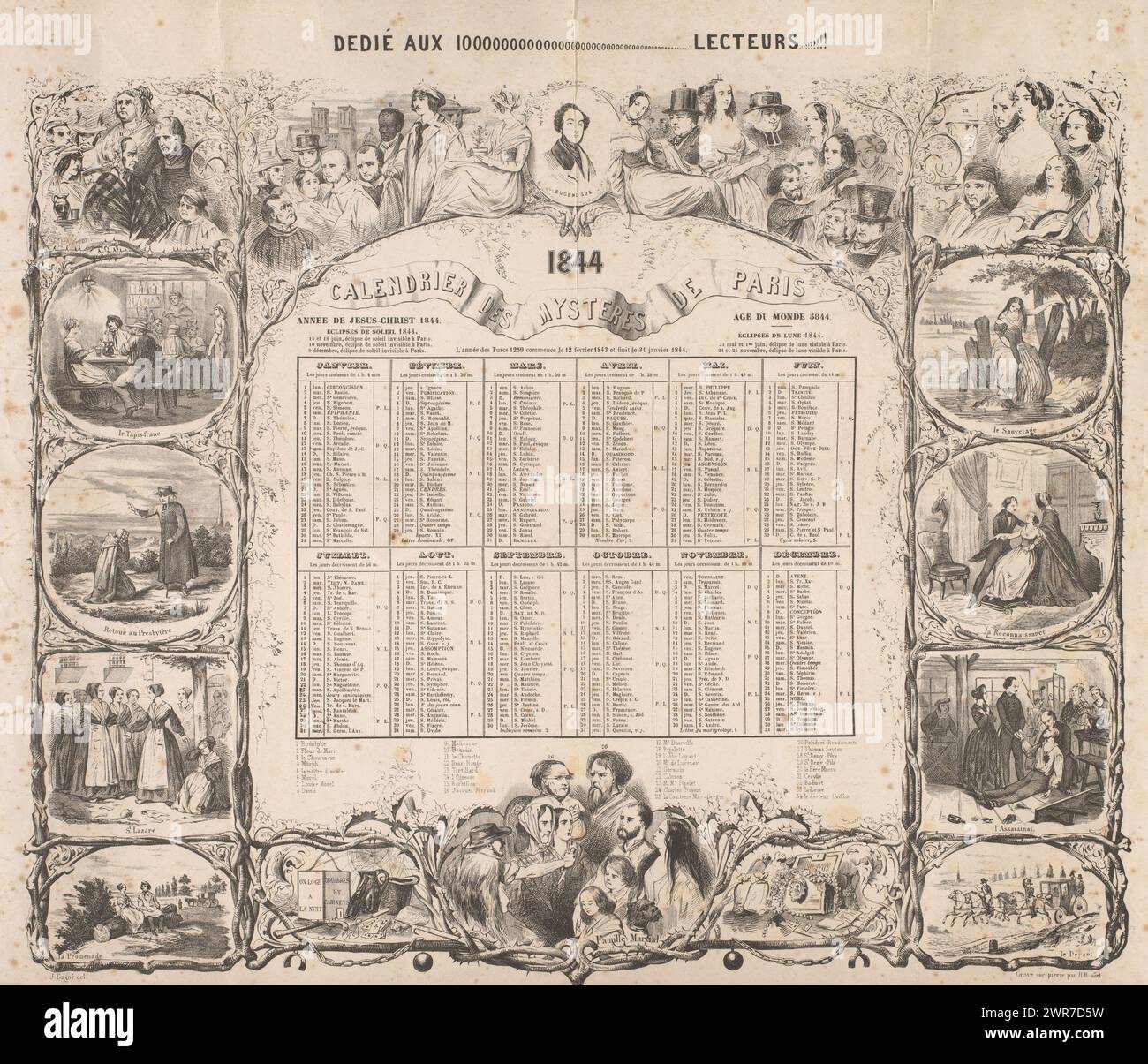 Calendar for the year 1844, Calendrier des mystères de Paris 1844 (title on object), Left and right of the calendar eight small representations of figures in various circumstances. Above and below the calendar 33 portraits of (partly) historical figures. At the top is the inscription: 'Dedié aux 1000000000 lecteurs!!!!'., print maker: H. Boullet, after drawing by: Jacques Gagné, 1843, paper, height 418 mm × width 555 mm, print Stock Photo