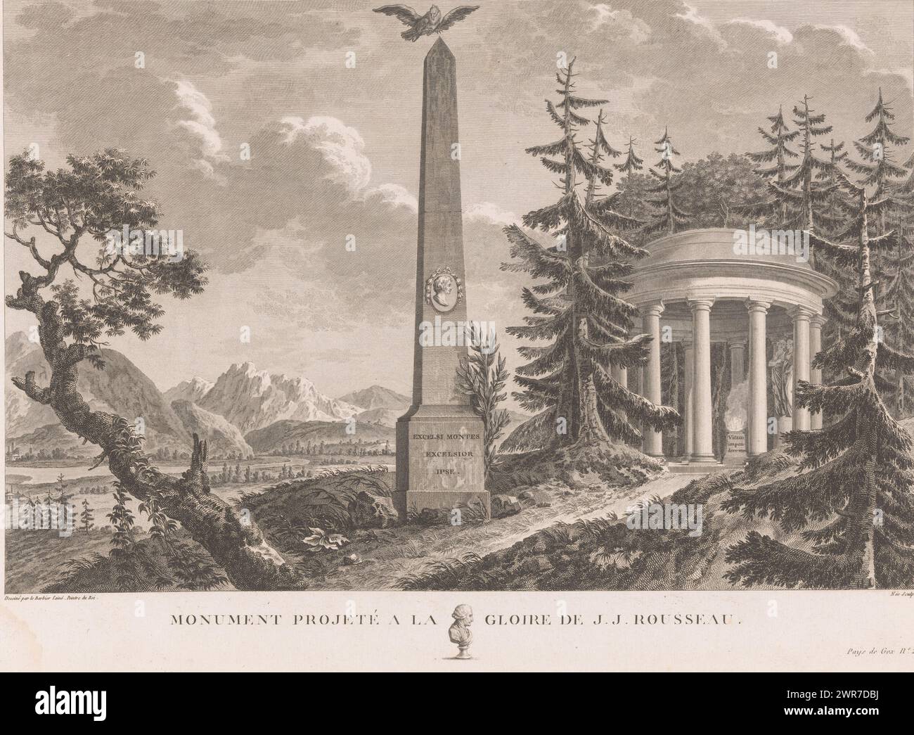 Design for a tomb for Jean-Jacques Rousseau, Monument projecté à la glory de J.J. Rousseau (title on object), Numbered bottom right: Pays de Gex No. 2., print maker: François Denis Née, after drawing by: Jean Jacques François Le Barbier, 1778 - 1817, paper, etching, engraving, height 332 mm × width 463 mm, print Stock Photo