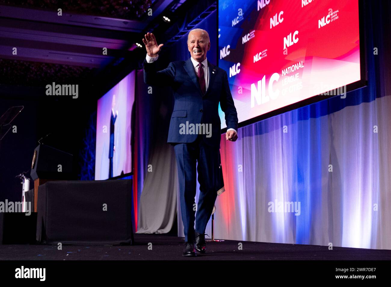 President Joe Biden departs after speaking at the National League of