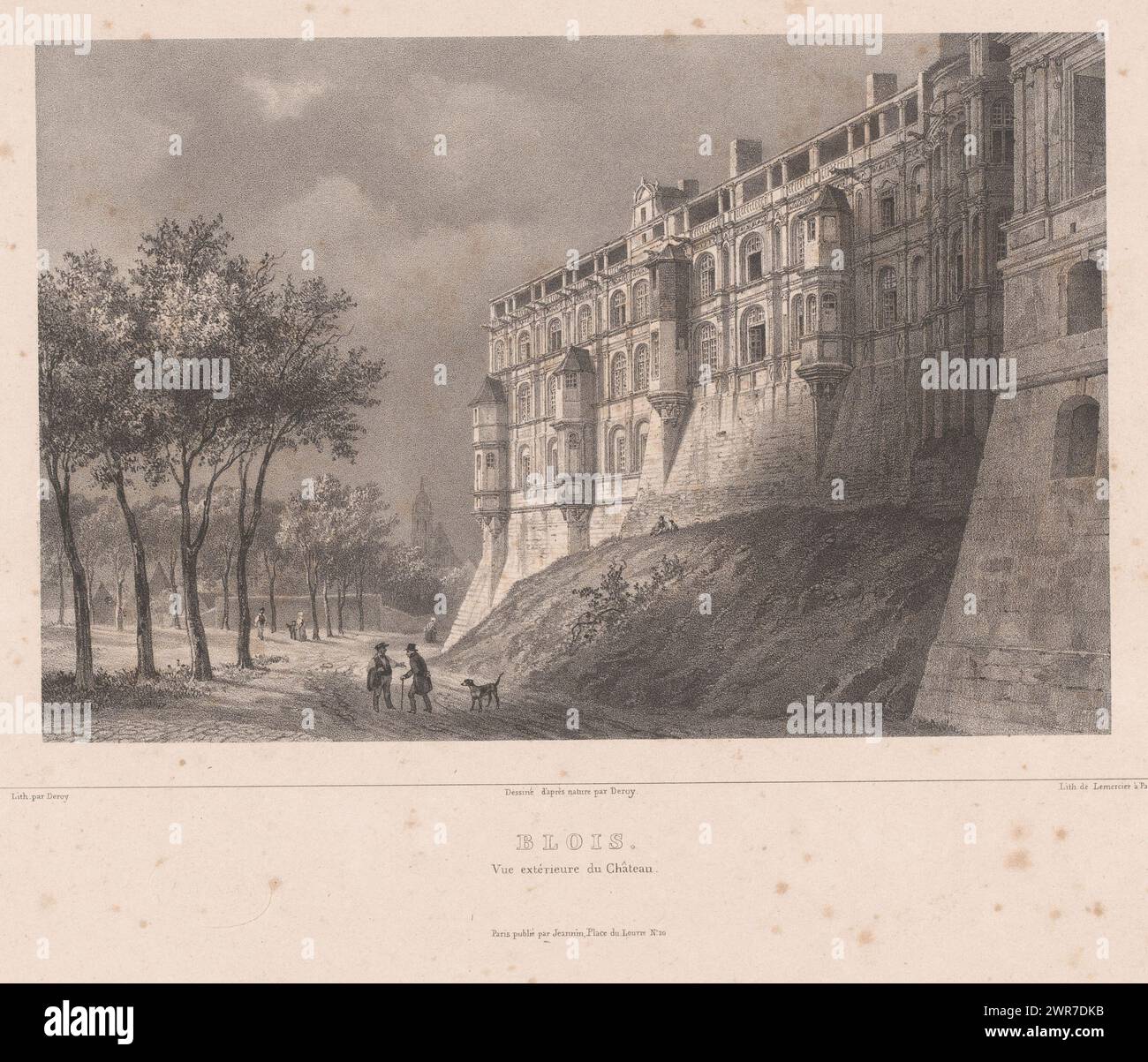 View of the facade with the lodges of the castle of Blois, Blois. Vue extérieure du Château (title on object), Sights in France (series title), La France (series title on object), print maker: Isodore-Laurent Deroy, after drawing by: Isodore-Laurent Deroy, printer: Benard Lemercier & Cie, print maker: Paris, after drawing by: Blois, printer: Paris, publisher: Paris, 1834, paper, height 289 mm × width 433 mm, print Stock Photo