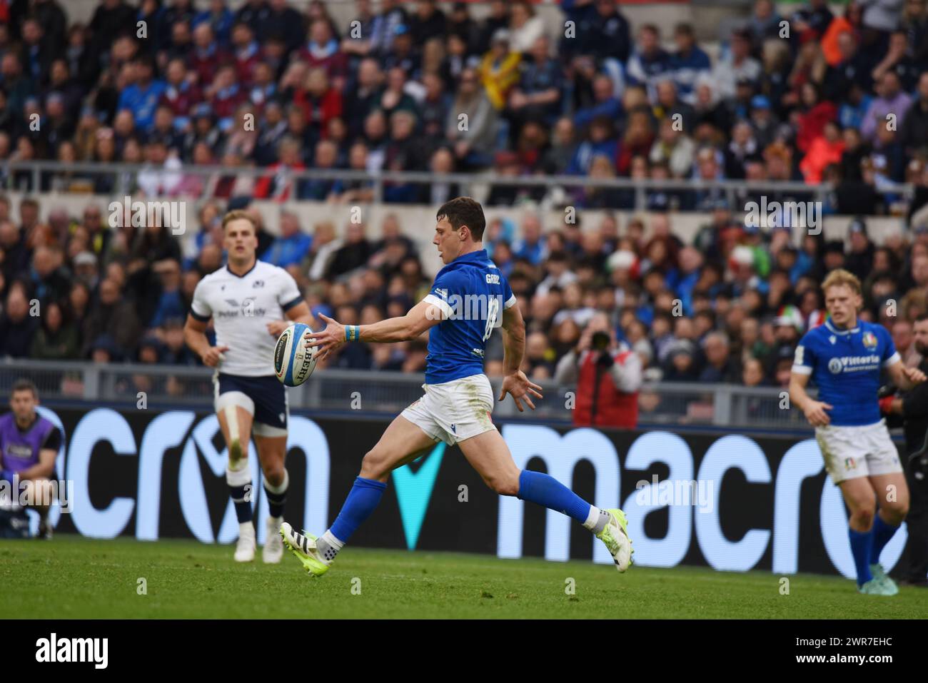 ROME, Italy. 9th Mar, 2024. Paolo Garbisi stand off of Italian team, kick the ball, during the match of Guinness Six Nations 2024, played between Italy and Scotland in Olympic Stadium of Rome. At the end of match Italy team won the match with score of 31-.29 (Photo by Pasquale Gargano/Pacific Press/Sipa USA) Credit: Sipa USA/Alamy Live News Stock Photo