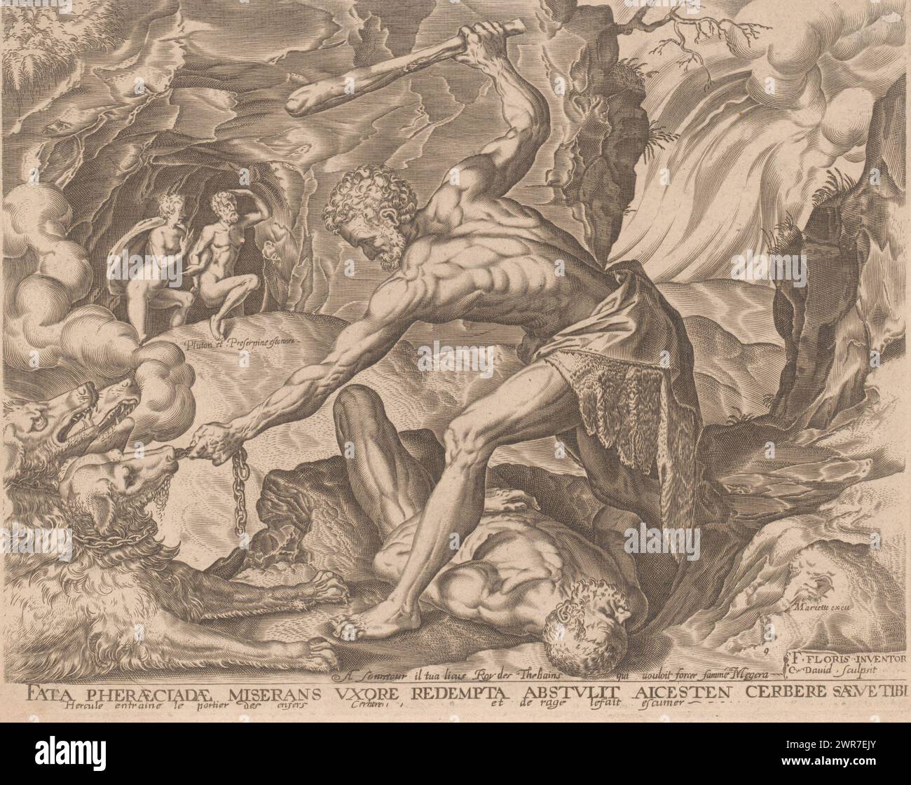 Hercules conquers Cerberus, Labors of Hercules after Frans Floris (series title), numbered bottom right: 9., print maker: Charles David, after design by: Frans Floris (I), after print by: Cornelis Cort, print maker: France, publisher: Paris, 1613 - 1638, paper, engraving, height 224 mm × width 285 mm, print Stock Photo