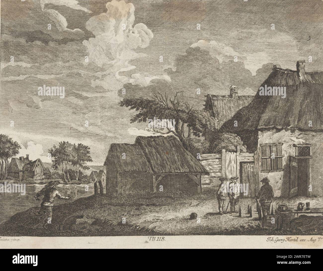 Four men playing bowling in a village, Publisher number: 118., print maker: Johann Georg Hertel (I), (possibly), after painting by: David Teniers (II), publisher: Johann Georg Hertel (I), 1705 - 1775, paper, etching, height 195 mm × width 265 mm, print Stock Photo