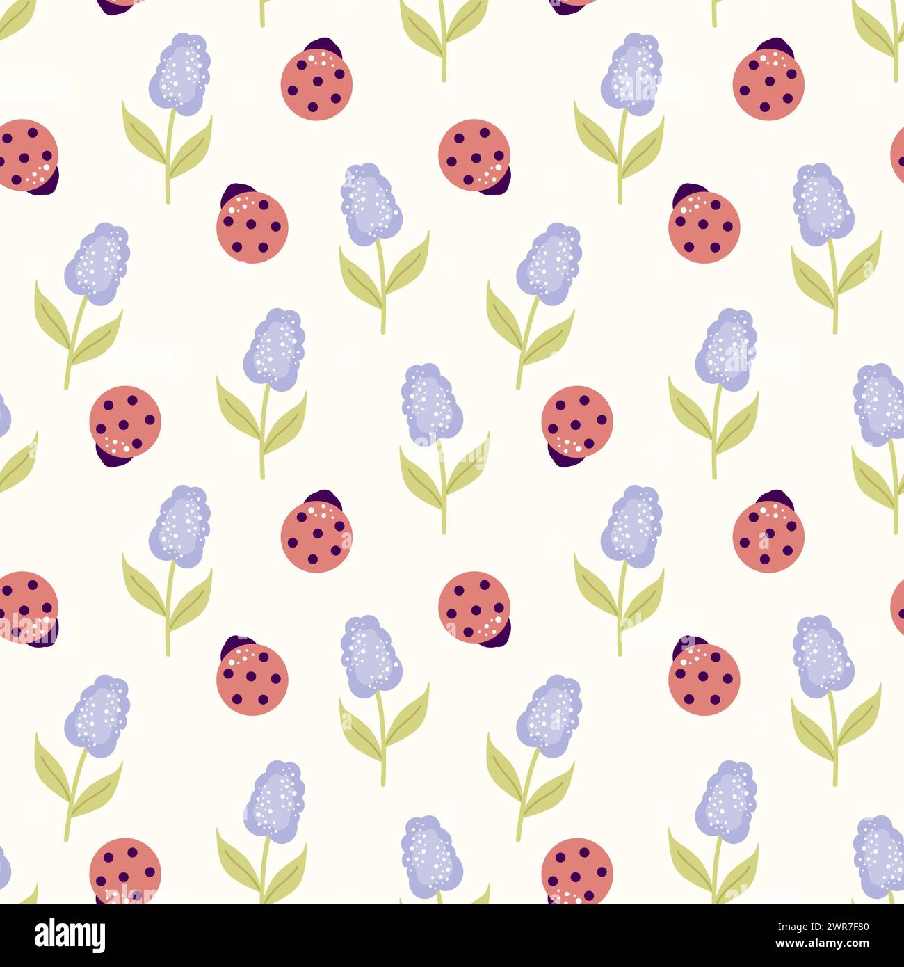 Seamless pattern childish elements in pastel colors.Ladybug, lilac,  flowers. For  poster, covers, label, template, pattern, holiday decoration, scrap Stock Photo
