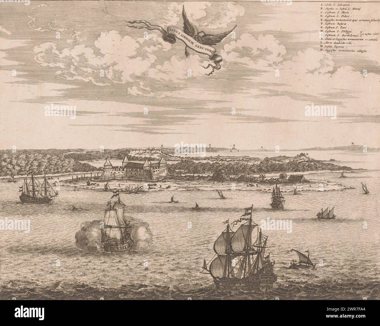 View of the Bay of All Saints, Sinus omnium sanctorum (title on object), View of the Bay of All Saints (Baía de Todos os Santos) in Central America near the city of Salvador. Top right a legend with placeholders., print maker: anonymous, publisher: Jacob van Meurs, Amsterdam, 1671, paper, etching, height 284 mm, width 362 mm, print Stock Photo