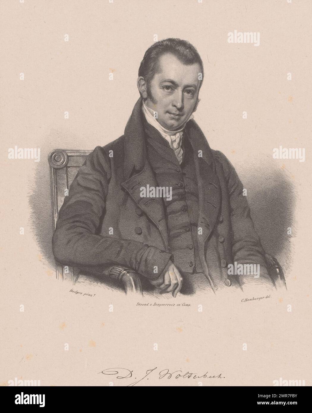 Portrait of Dirk Jacob Wolterbeek, Below the portrait the signature of the sitter., print maker: Coenraad Hamburger, after painting by: Charles Howard Hodges, printer: Desguerrois & Co., Amsterdam, 1819 - in or before 1891, paper, height 445 mm × width 310 mm, print Stock Photo