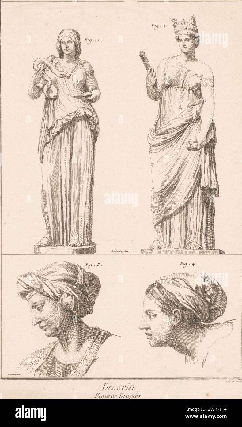 Two women in robes and two female busts with headscarves, Dessein, Figures Drapées (title on object), print maker: Benoit Louis Prevost, after drawing by: Edme Bouchardon, after drawing by: Nicolas Poussin, Paris, 1757 - 1772, paper, etching, height 355 mm × width 226 mm, print Stock Photo