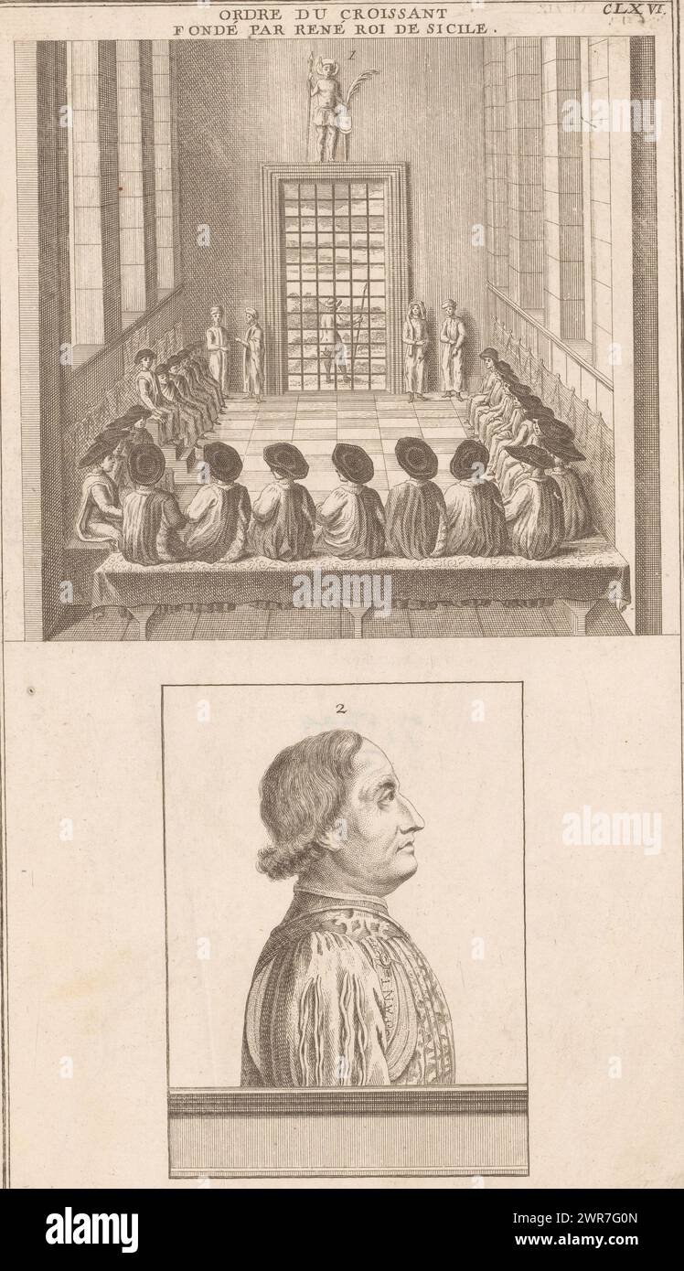 Overview of a meeting of the Order of the Waxing Moon, with a portrait of Jean Cossa below, print maker: Dominique Sornique, (attributed to), publisher: Pierre François Giffart, publisher: Julien-Michel Gandouin, Paris, 1729 - 1733, paper, engraving, etching, height 334 mm × width 195 mm, print Stock Photo