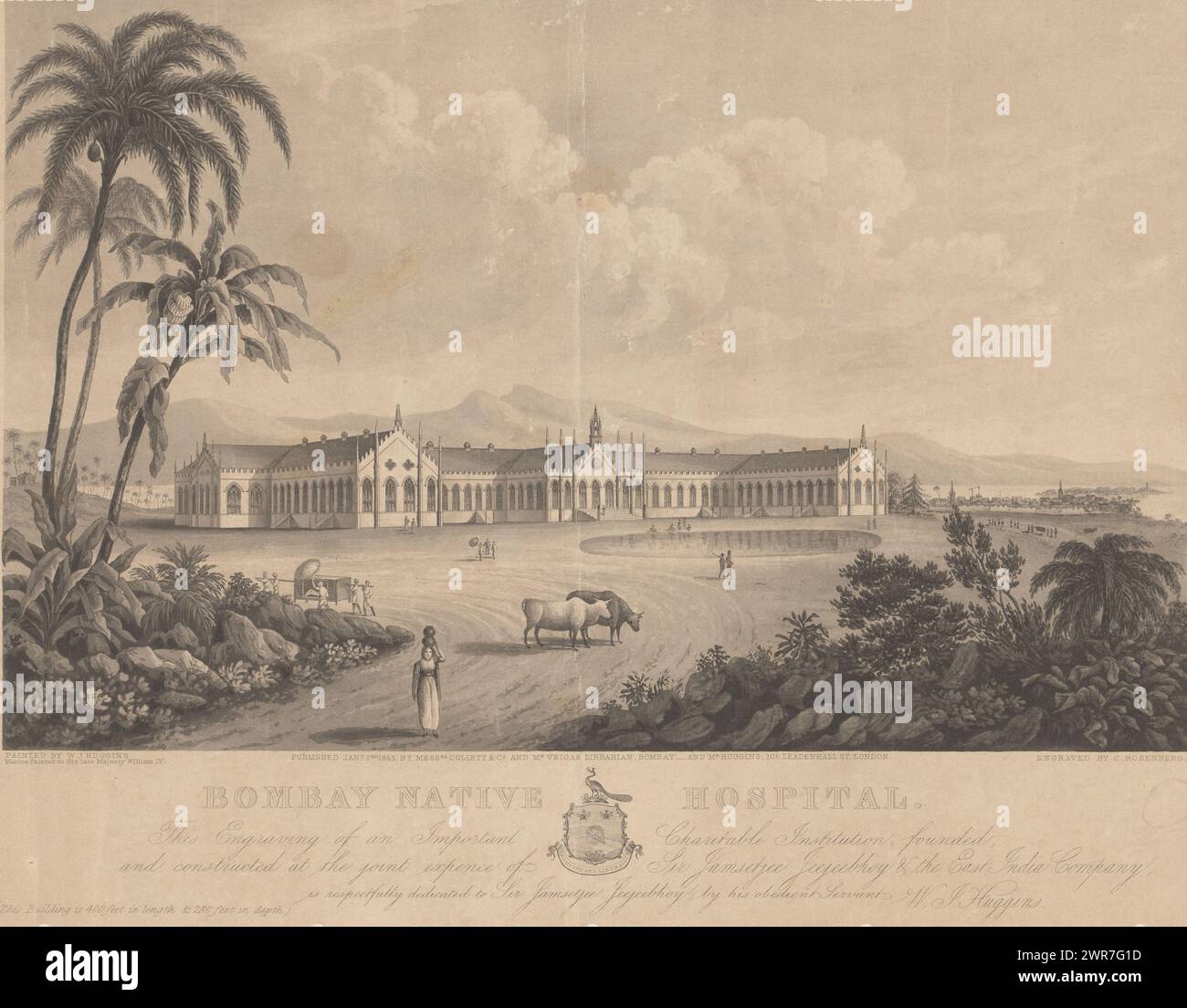 Hospital on the Coast, Bombay Native Hospital (title on object), Text in English in the bottom margin., print maker: Christian Rosenberg, after painting by: William John Huggins, publisher: Collette & Co, Mumbai, 1843, paper, etching, height 275 mm × width 354 mm, print Stock Photo