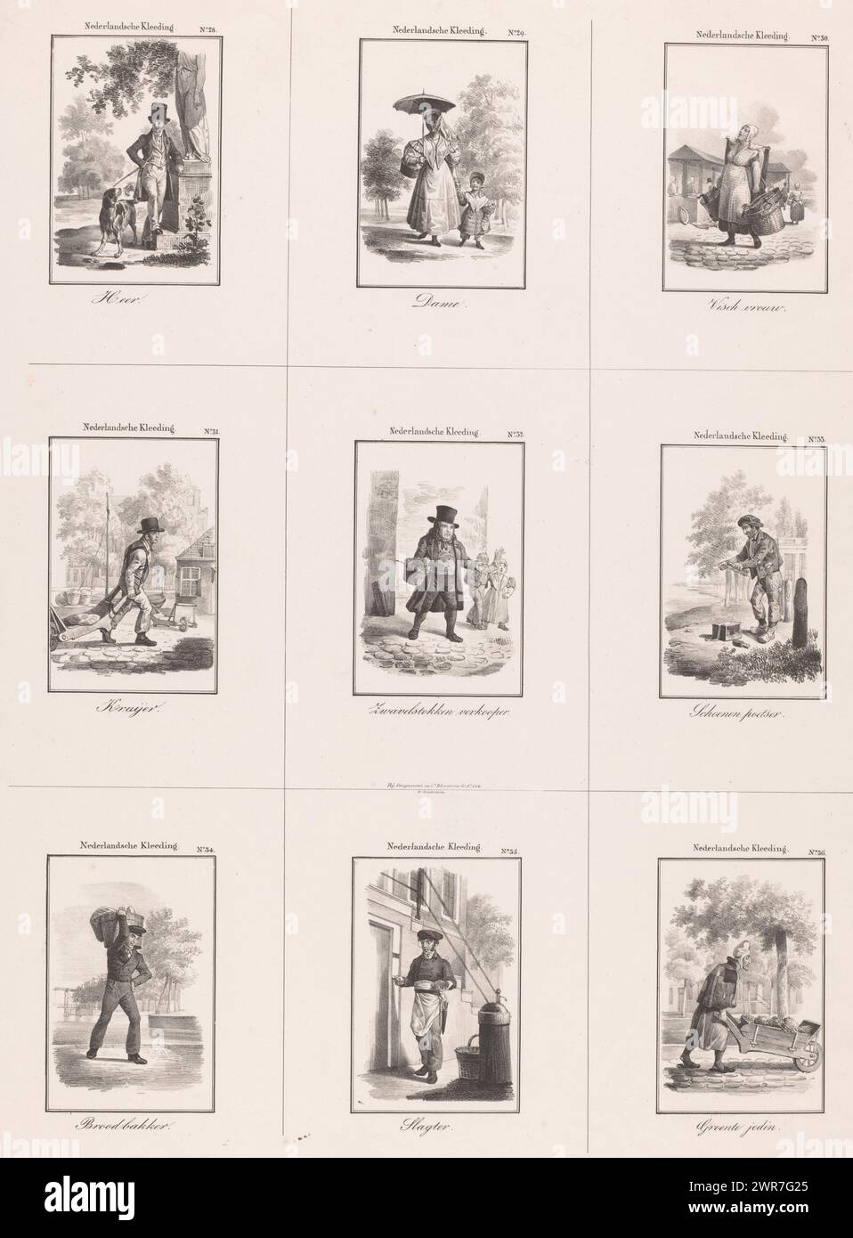 Clothing of Dutch citizens, Dutch clothing (series title on object), Depicted are nine figures: a gentleman, a lady, a fishwife, a porter, a match seller, a shoe shiner, a baker, a butcher and a greengrocer. All performances are numbered. Below each figure is its profession. The series contains at least 36 performances., print maker: anonymous, printer: Desguerrois & Co., Amsterdam, 1827 - 1907, paper, height 550 mm × width 400 mm, print Stock Photo