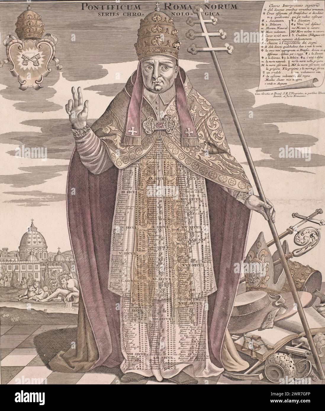 Pope with timeline of pauses on his robe, Pontificum Romanorum series chronologica (title on object), print maker: anonymous, after drawing by: Joh. Seutter, unknown, Germany, c. 1740, paper, engraving, height 580 mm × width 498 mm, print Stock Photo