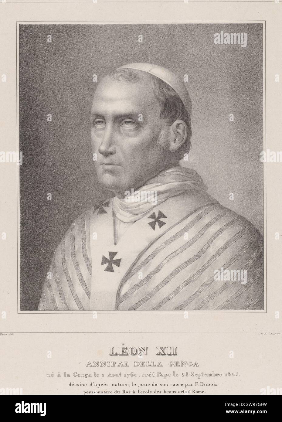 Portrait of Pope Leo XII, Léon XII, Annibal della Genga (title on object), print maker: Henri Joseph Hesse, after drawing by: François Dubois, printer: Gottfried Engelmann, after drawing by: Rome, printer: Paris, 1823, paper, height 535 mm × width 358 mm, print Stock Photo