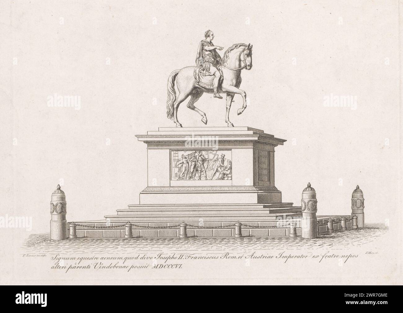 Equestrian statue of Emperor Joseph II, print maker: Jacob Merz, after sculpture by: Franz Anton Zauner, 1806, paper, etching, height 205 mm × width 278 mm, print Stock Photo