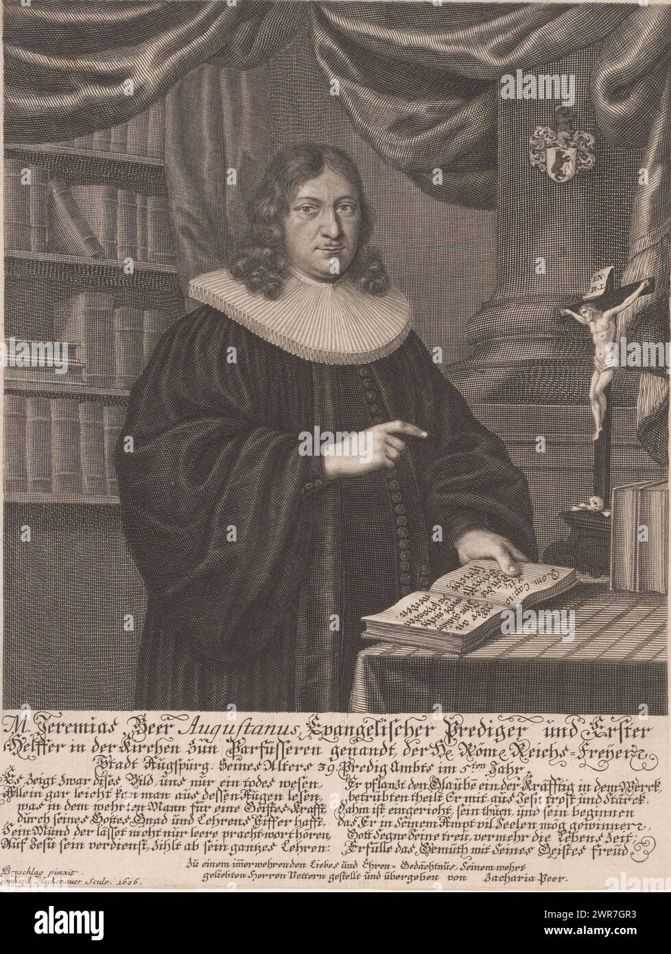 Portrait of Jeremias Beer at the age of 39, with caption in German., print maker: Leonhard Heckenauer, after painting by: Johann Christoph Beischlag, Zacharias Beer, 1696, paper, engraving, height 312 mm × width 240 mm, print Stock Photo