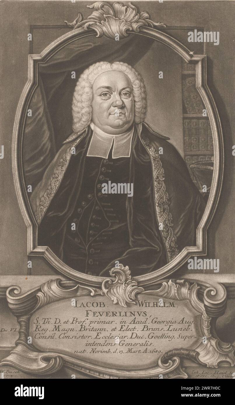 Portrait of Jacob Wilhelm Feuerlein, with caption in Latin., print maker: Johann Jacob Haid, after painting by: Ludwig Wilhelm Busch, publisher: Johann Jacob Haid, Augsburg, 1747, paper, height 319 mm × width 200 mm, print Stock Photo