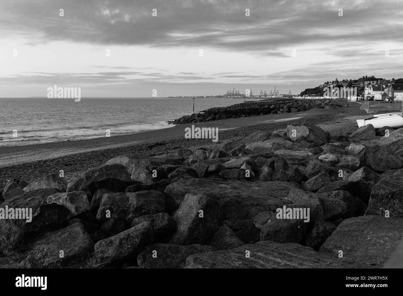 View along Felixstowe beach towards Landguard Point and the Docks. Suffolk England UK. February 2024. Stock Photo