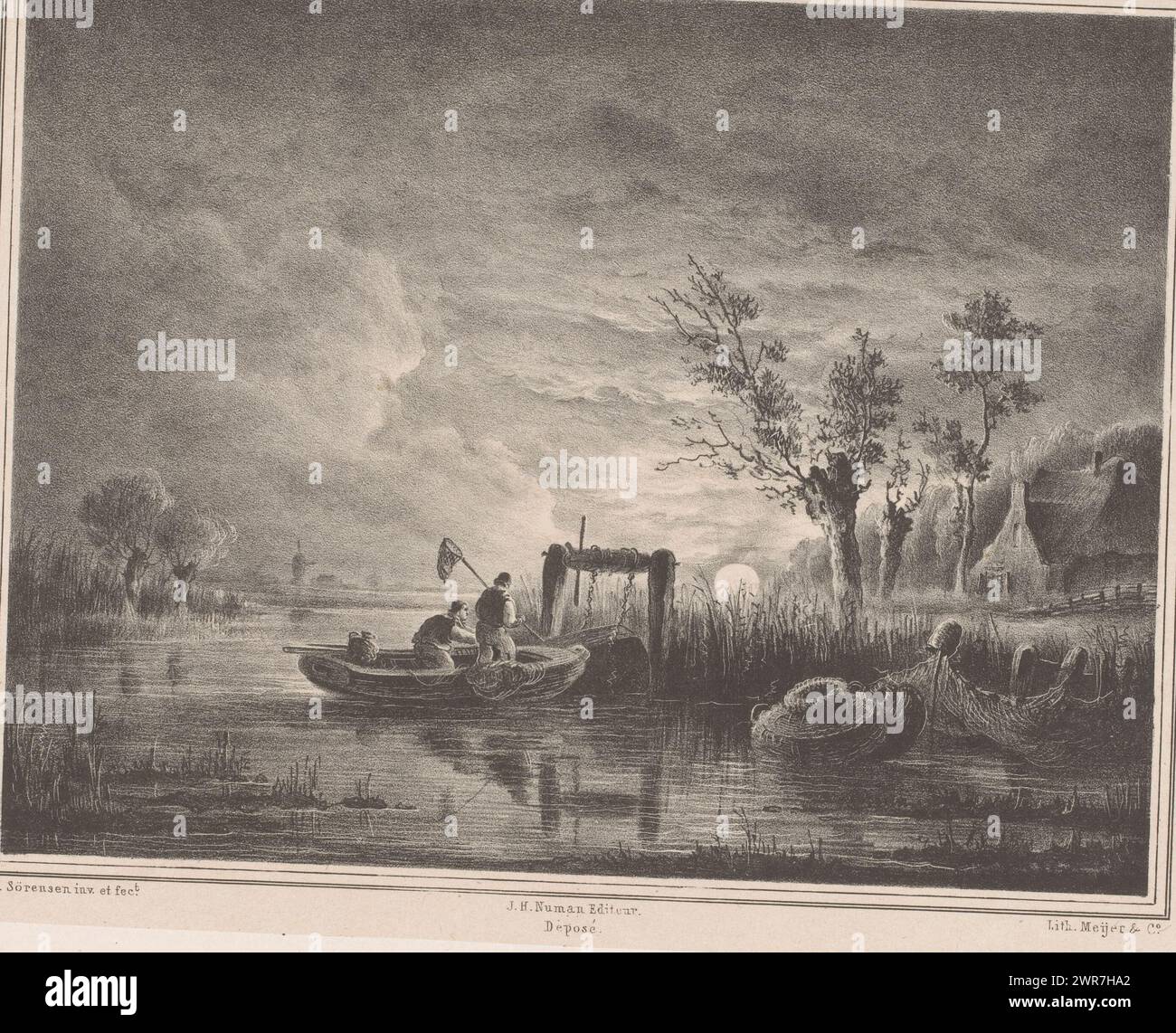 Fishing boat on river by moonlight, Two fishermen in a rowing boat on a river. A house on the right of the quay., print maker: Jacobus Sörensen, after own design by: Jacobus Sörensen, printer: Meyer & Comp., Amsterdam, 1843 - 1856, paper, height 334 mm × width 452 mm, print Stock Photo