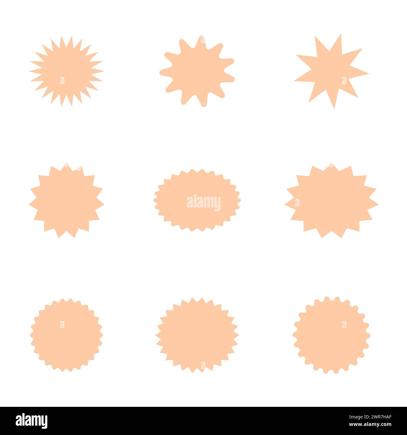 Set starburst sale stickers, quality mark, promo stickers, price tags of  trend color peach fuzz, special offer explosion silhouettes. Flat vector ill Stock Photo