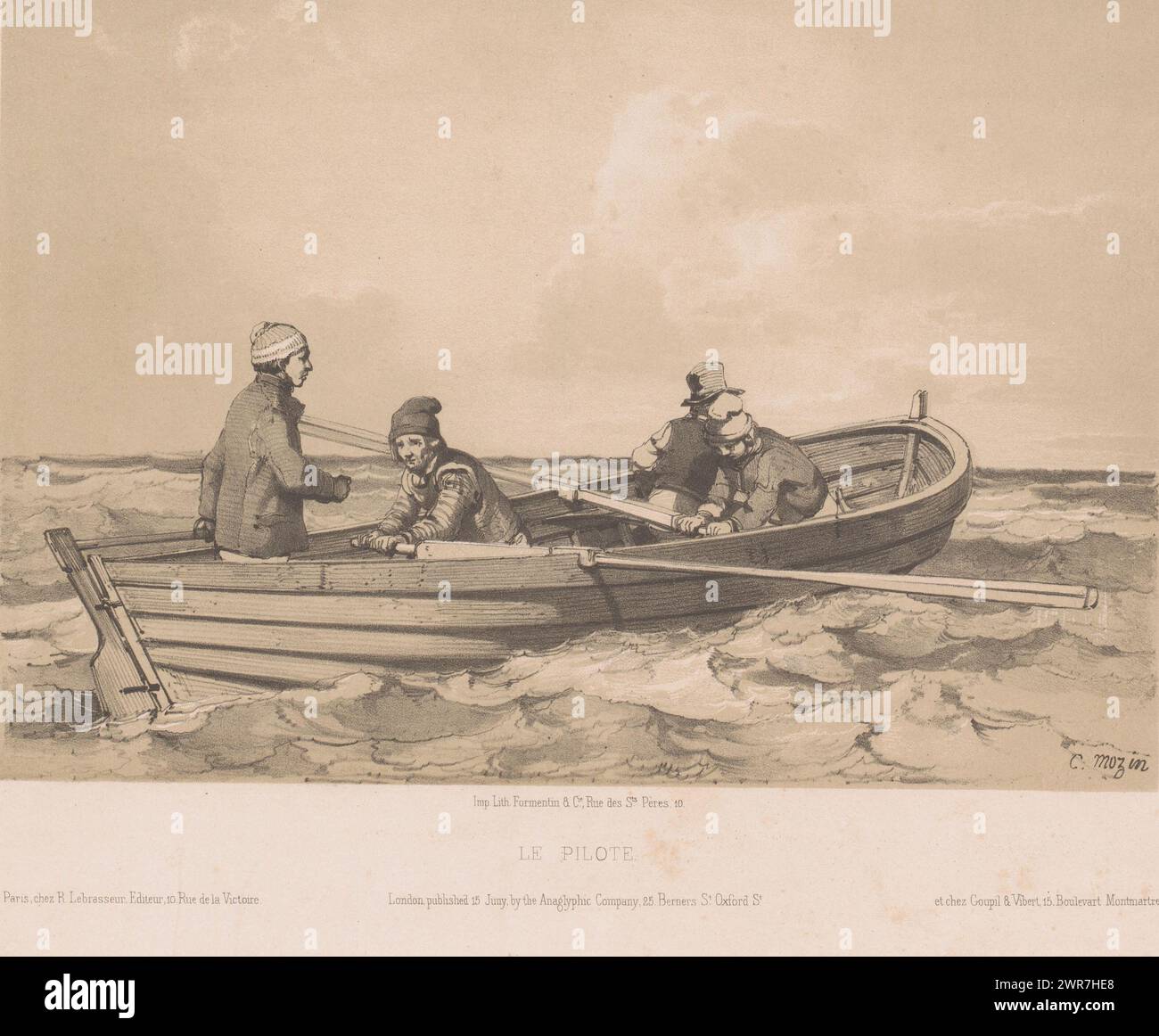 Four men in a rowing boat, Le pilote (title on object), print maker: Charles Louis Mozin, printer: Formentin & Cie., publisher: R. Lebrasseur, printer: Paris, publisher: Paris, publisher: Paris, publisher: London, 1841 - 1850, paper, height 274 mm × width 359 mm, print Stock Photo