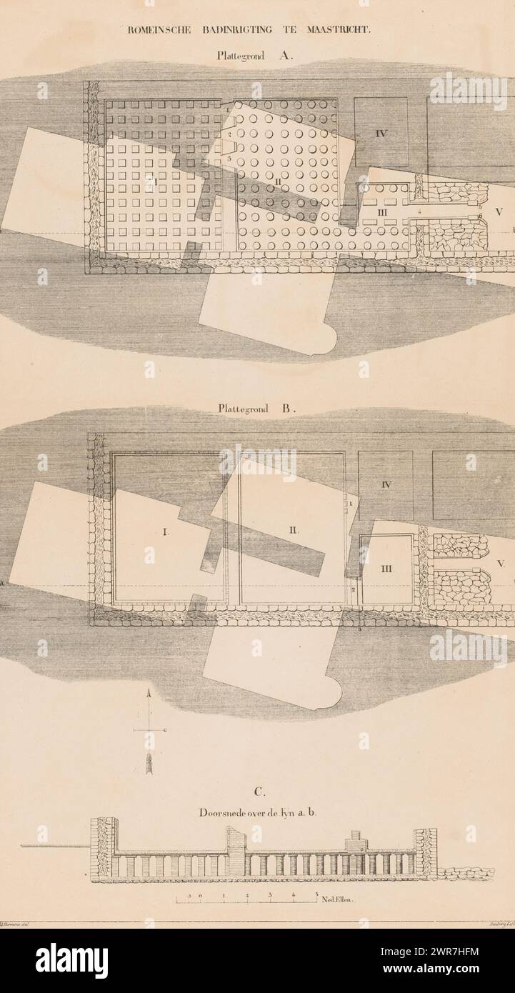 Roman baths in Maastricht (title on object), Roman Antiquities in Maastricht (series title), Roman bathhouse in Maastricht, Two plans and a section. Numbered top right: Pl. 2., print maker: Tiemen Hooiberg, after design by: Mathias Hermans, print maker: Leiden, after design by: Maastricht, 1843, paper, height 445 mm × width 285 mm, print Stock Photo