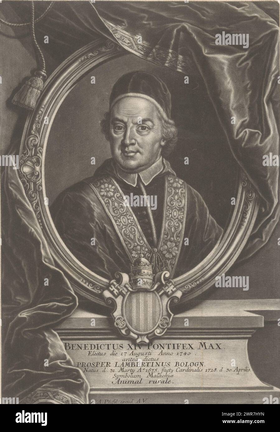 Portrait of Benedict XIV, print maker: Johann Andreas Pfeffel (der Jüngere), (possibly), publisher: Johann Andreas Pfeffel (der Jüngere), Augsburg, 1728 - 1768, paper, etching, height 312 mm × width 215 mm, print Stock Photo