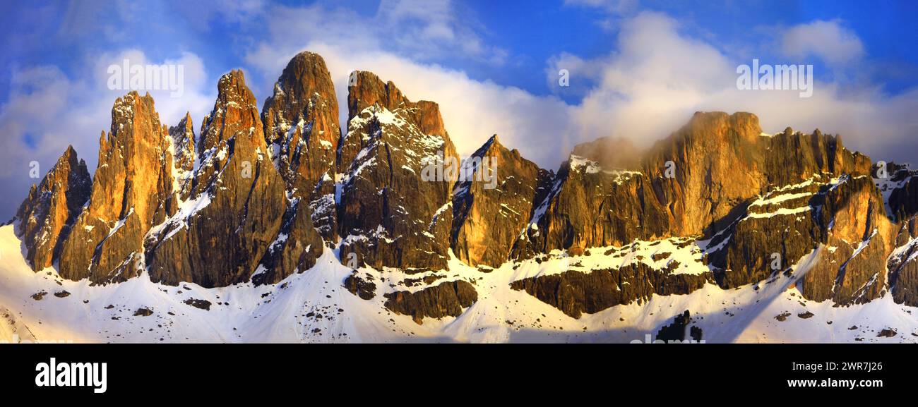 Beauty in nature - most beautiful mountain range in europe - Dolomites Alps. aerial view of stunning rocks over sunset. Vall di Funes, south Tyrol, It Stock Photo