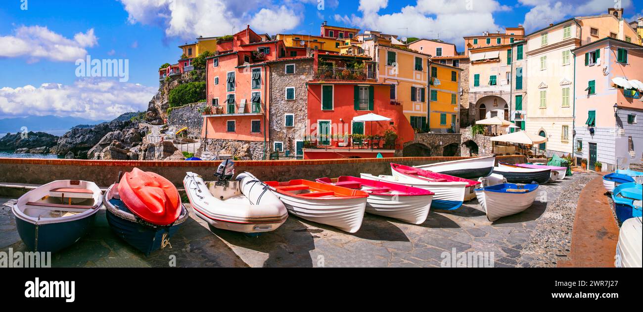 Italy travel, Liguria region. Scenic colorful traditional village Tellaro with old fishing boats. la Spezia province Stock Photo