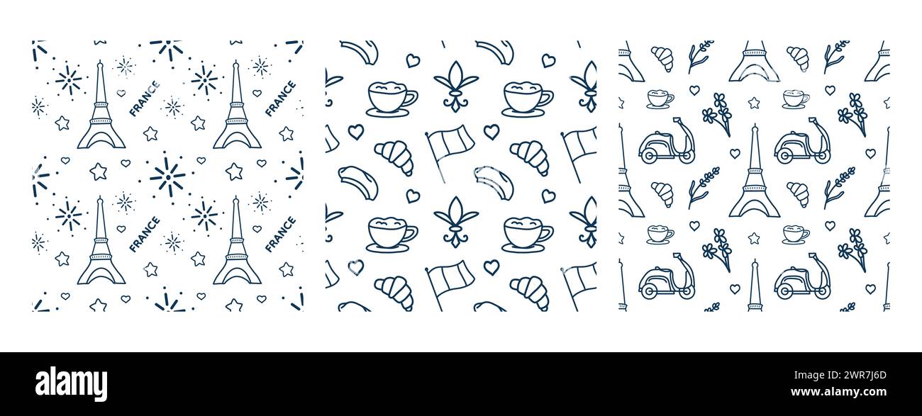 Set seamless pattern of symbols Paris. Travel  doodle Line Art vector Illustration. Hand Drawn.  For  background, card, invitation, pattern, social me Stock Photo