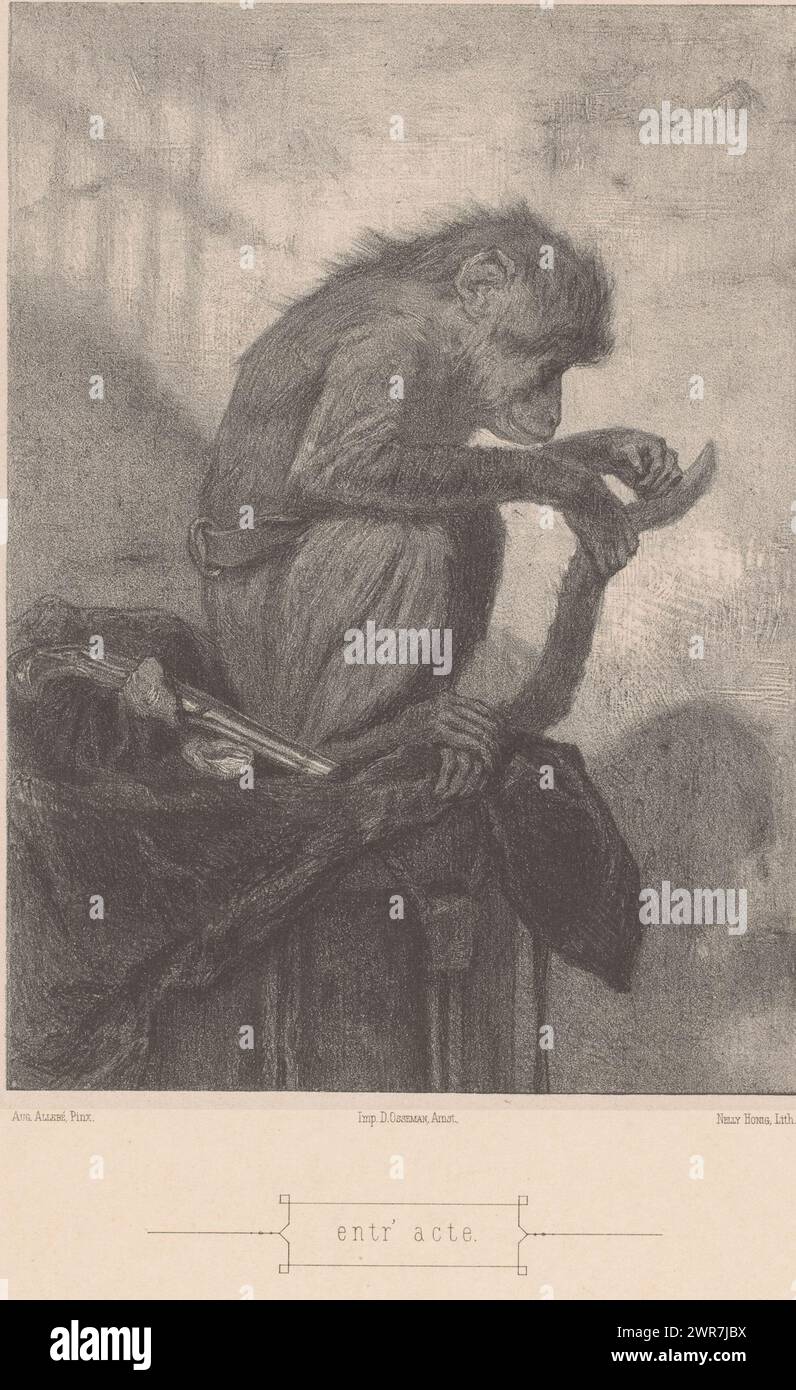 Sim's rest hour, Entr'acte (title on object), Fleaing monkey with revolver, The monkey chews his tail. Behind him is a revolver. It may be a circus monkey., print maker: Nellie Honig, after painting by: August Allebé, publisher: D. Osseman, print maker: Netherlands, publisher: Amsterdam, after 1892 - 1909, paper, height 415 mm × width 290 mm, print Stock Photo