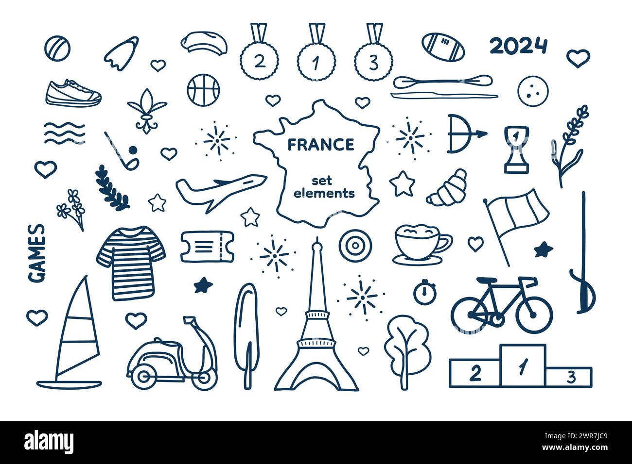 Line sketch of Paris symbols, decorative elements, tourist food and c sports. Vector illustration for cards, background, design, stickers, patterns, s Stock Photo
