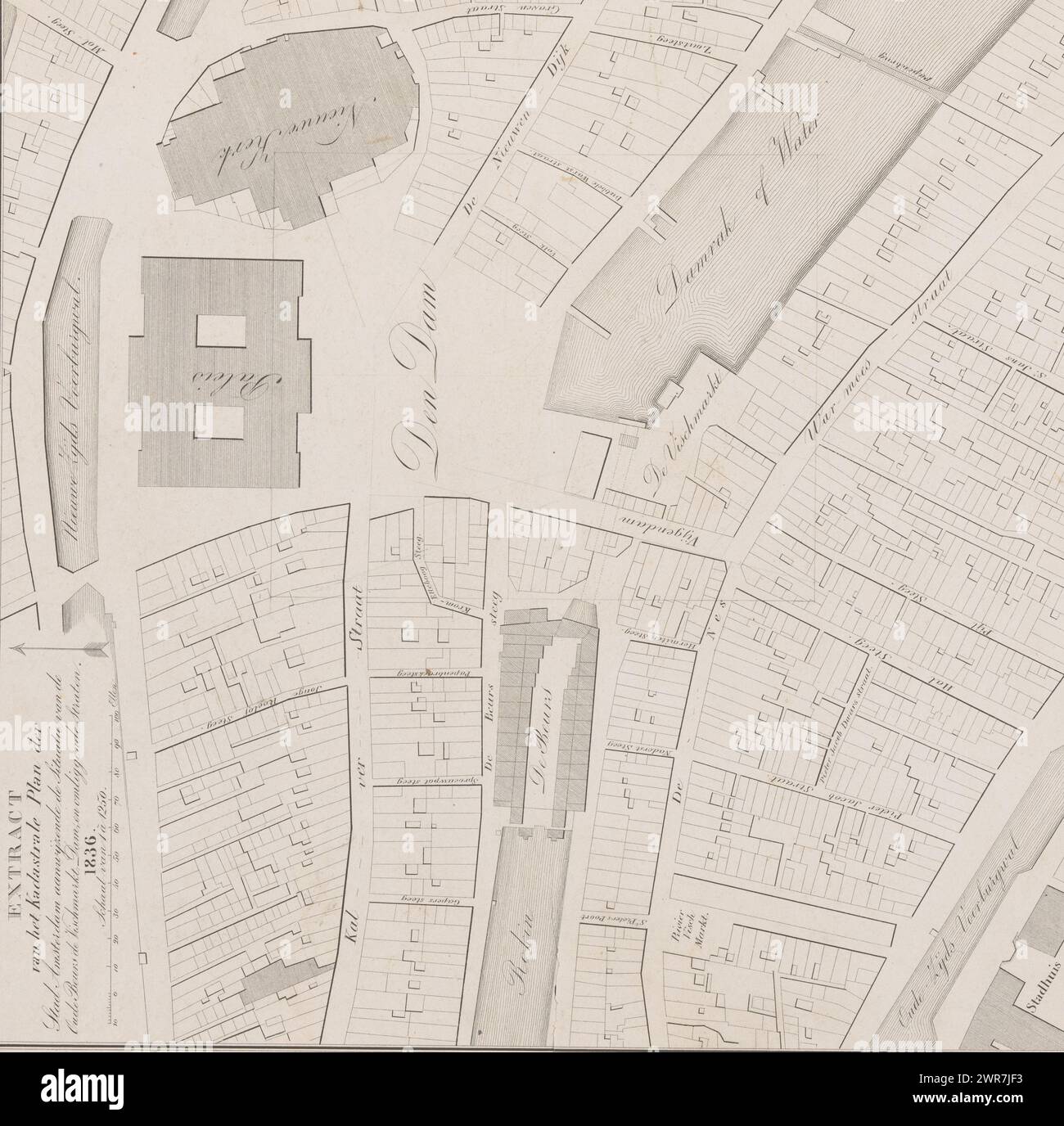 Map of Dam Square and surroundings, in Amsterdam, Extract of the cadastral plan of the city of Amsterdam showing the situation of the Old Exchange, the Vischmarkt, Dam Square, and surrounding streets (title on object), print maker: anonymous, printer: Desguerrois & Co., 1836, paper, height 450 mm × width 360 mm, print Stock Photo
