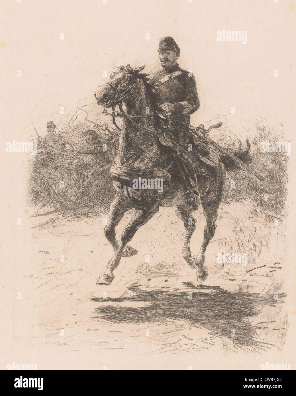 Artillery officer on horseback, print maker: Leon Eugène Auguste Abry, 1880, paper, etching, height 378 mm × width 288 mm, print Stock Photo