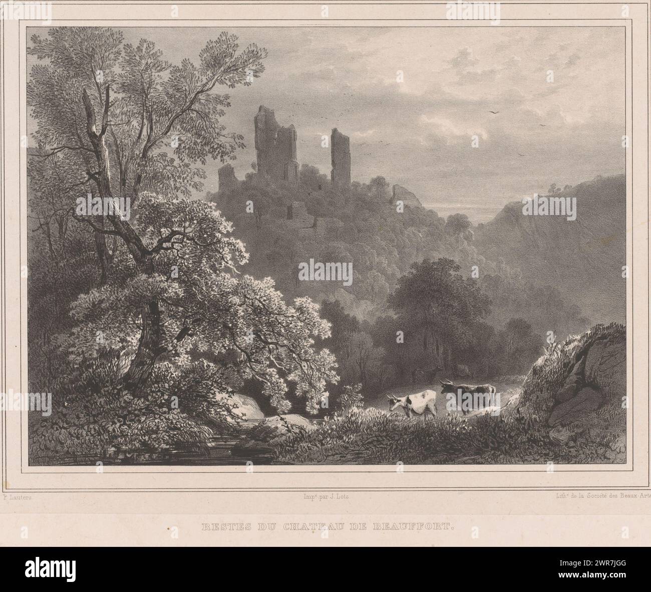 Landscape with the ruins of Beauffort, Restes du Chateau de Beauffort (title on object), Ruin, probably somewhere in the province of Namur. Numbered at the top: 24., print maker: Paulus Lauters, printer: J. Lots, publisher: Société des Beaux-Arts, Brussels, 1839 - 1841, paper, height 360 mm × width 548 mm, print Stock Photo