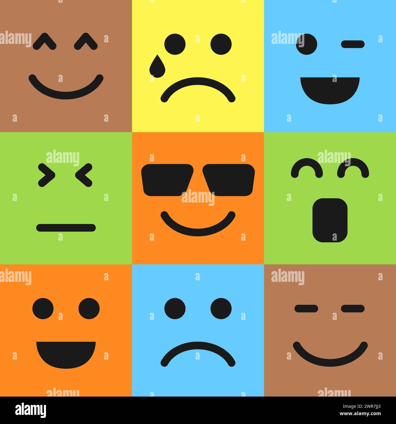 Set of nine colorful emoticons. Emoji icon in square. Flat background pattern. Vector illustration Stock Vector