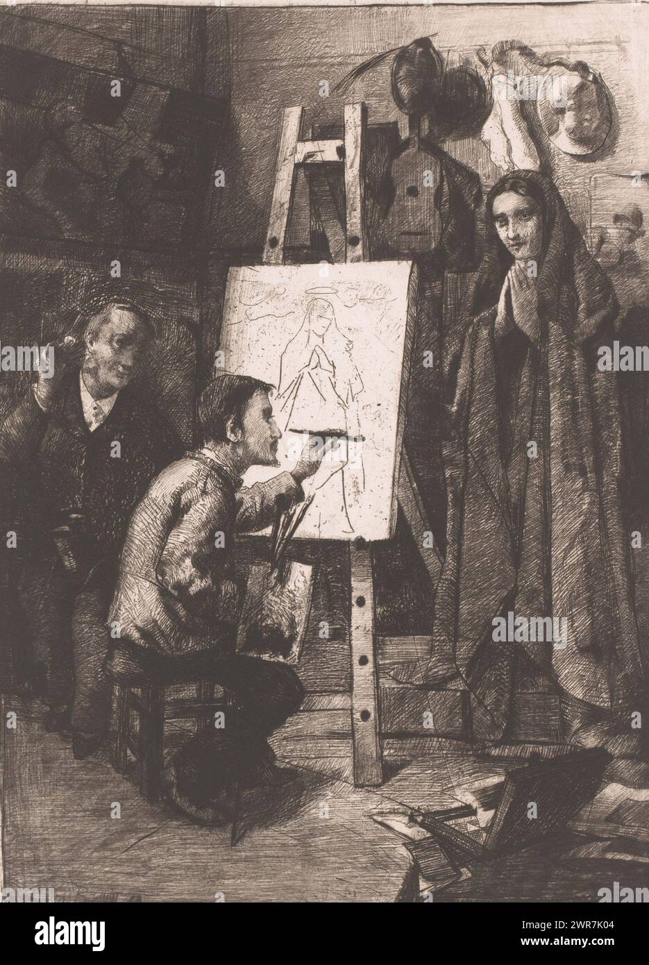 Painter, his model and an art lover in the studio, L'artiste, son modèle et l'amateur (title on object), print maker: Léon Brunin, (signed by artist), 1883, paper, etching, drypoint, height 291 mm × width 221 mm, print Stock Photo