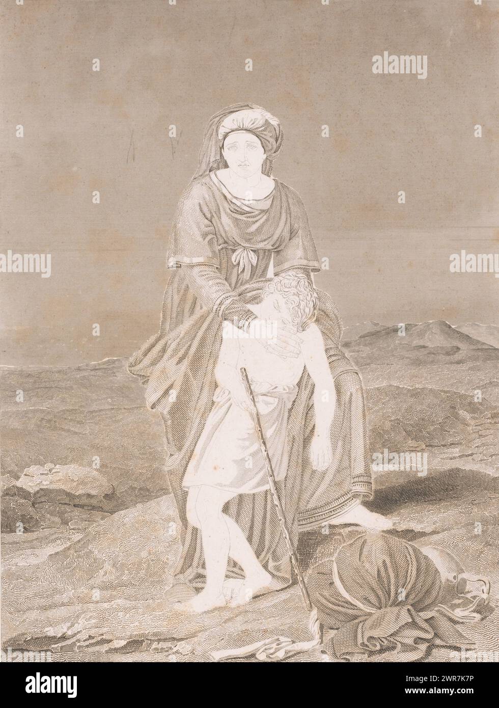 Hagar and Ishmael in the desert, print maker: Erin Corr, (attributed to), after painting by: François Joseph Navez, 1815 - 1862, paper, steel engraving, height 544 mm × width 397 mm, print Stock Photo