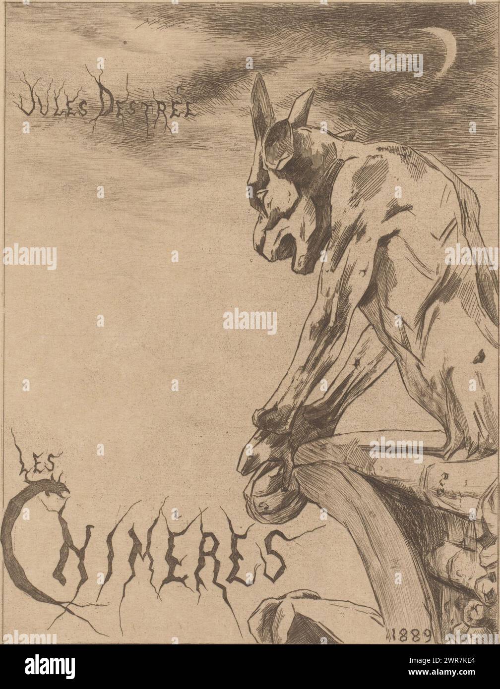 Gargoyle of Notre-Dame in Paris, Title page for: Jules Destrée, Les Chimères, 1889, print maker: Marie Danse, (signed by artist), printer: Joseph Bouwens, Brussels, 1889, paper, etching, height 317 mm × width 266 mm, print Stock Photo