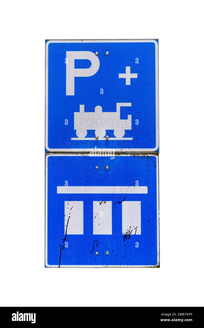 Worn railway station parking lot sign isolated in white background, clipping path Stock Photo
