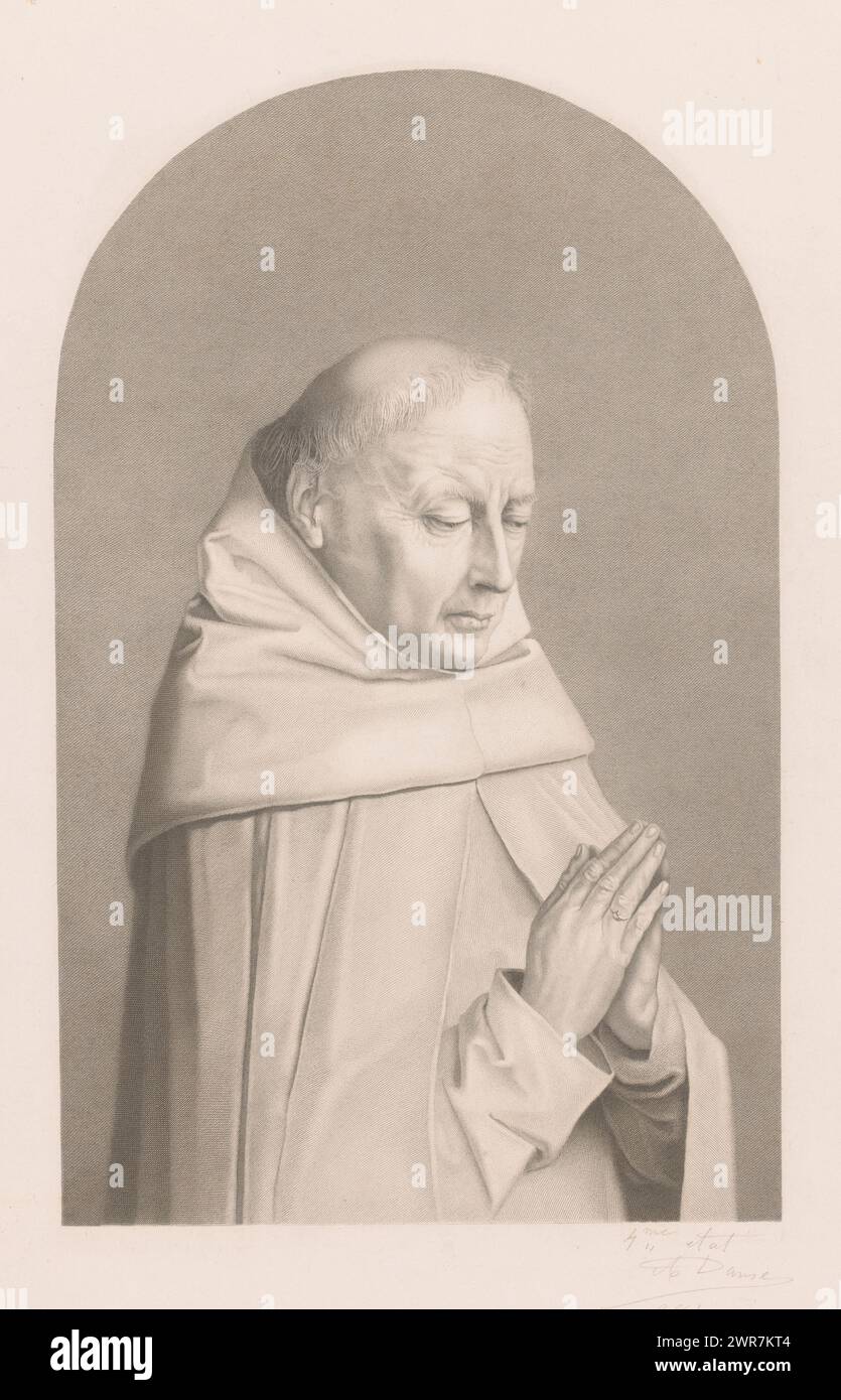 Praying monk, print maker: Auguste Danse, (signed by artist), after painting by: Hans Memling, (rejected attribution), after painting by: anonymous, Southern Netherlands, 1884, paper, etching, engraving, height 491 mm × width 352 mm, print Stock Photo
