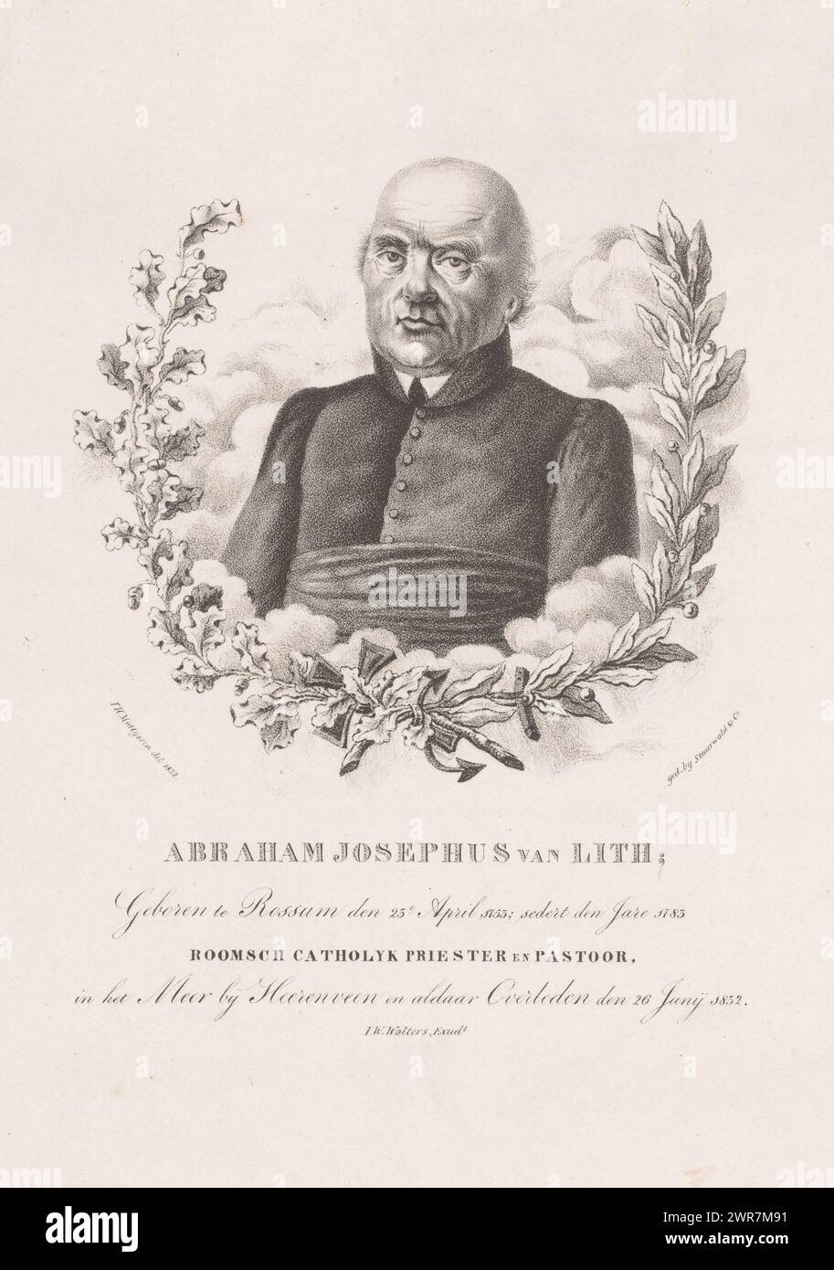 Portrait of Abraham Josephus van Lith, The sitter is depicted between the clouds and flanked by a wreath of oak leaves and laurel leaves, held together by a cross and an anchor. Below the portrait a four-line caption., print maker: Jan Hendrik Matthijssen, after design by: Jan Hendrik Matthijssen, printer: Steuerwald & Co., Dordrecht, 1832, paper, height 380 mm × width 270 mm, print Stock Photo