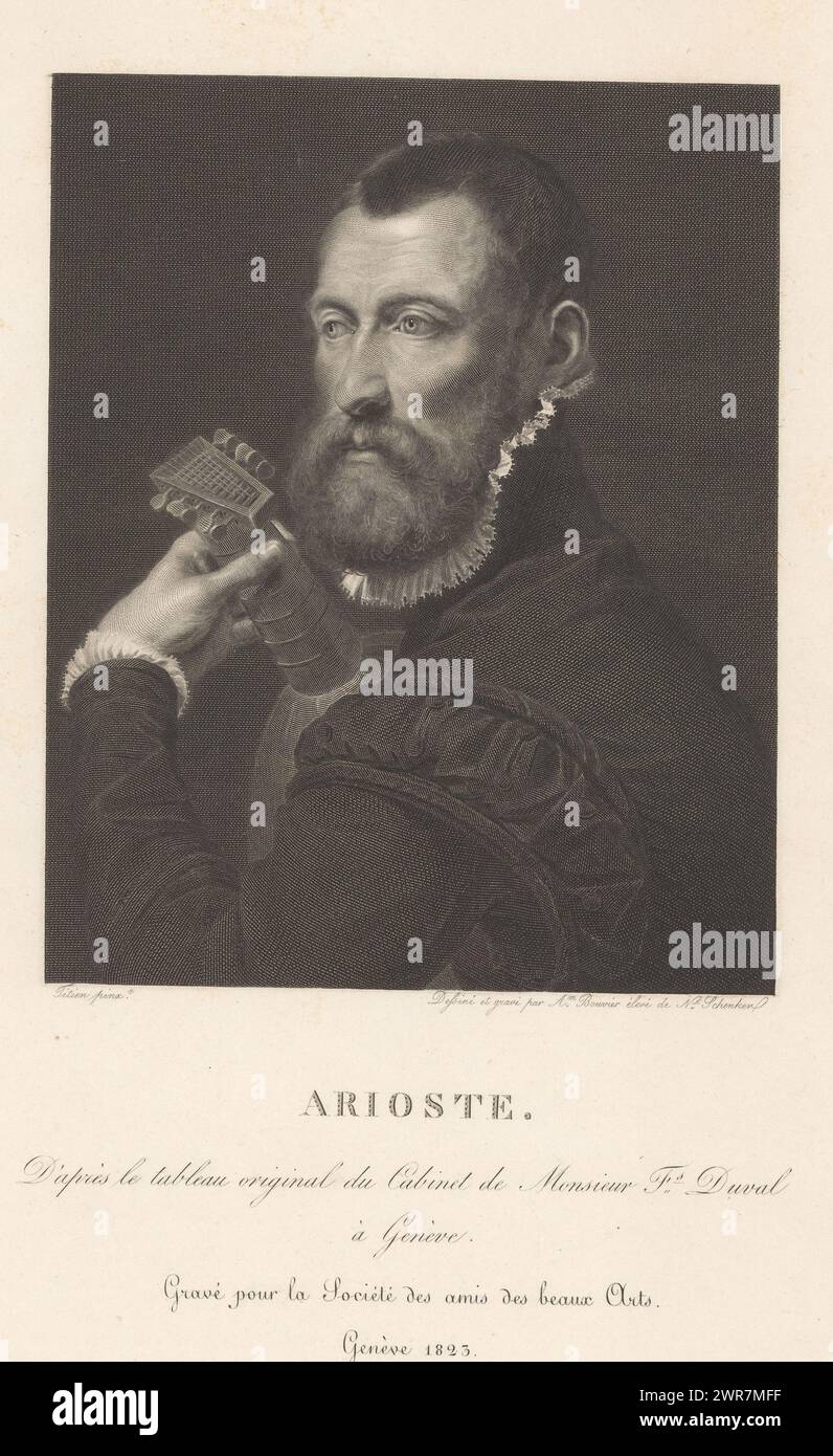 Portrait of Ariosto, Arioste (title on object), print maker: Abraham Bouvier, after own design by: Abraham Bouvier, after painting by: Titiaan, 1823, paper, steel engraving, height 350 mm × width 258 mm, print Stock Photo