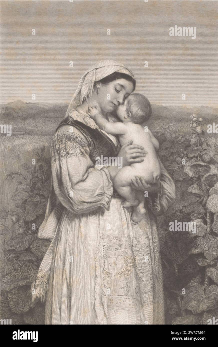 Mother with baby in a garden, print maker: Joseph Bal, after painting by: Jaroslav Cermak, 1830 - 1867, paper, engraving, height 418 mm × width 297 mm, print Stock Photo