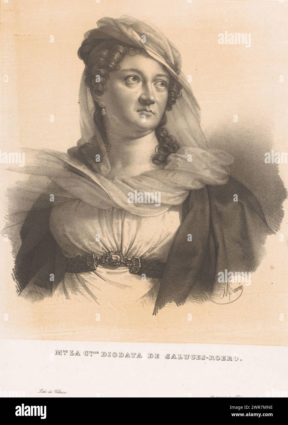 Portrait of Diodata Saluzzo Roero, Mme. la ctesse. Diodata de Saluces-Roero (title on object), print maker: Nicolas Maurin, printer: François Jean Villain, publisher: Jean Claude Chabert, Paris, 1827 - 1852, paper, height 490 mm × width 331 mm, print Stock Photo