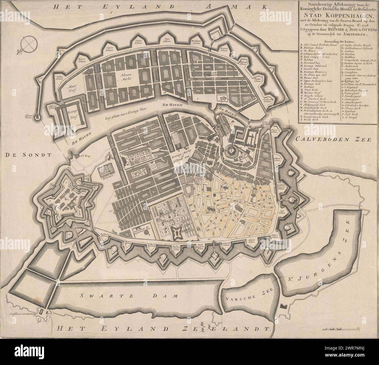 Map of Copenhagen, Accurate drawing of the royal Danish capital and residence of the city of Copenhagen (...) (title on object), Map of Copenhagen showing the damage from the fire of October 1728. The part of the city colored yellow (bottom right) was reduced to ashes during the fire. On either side of the map there is a legend showing the streets of the city., print maker: anonymous, publisher: Reinier Ottens (I) & Josua, Amsterdam, after c. 1728, paper, engraving, etching, height 456 mm × width 510 mm, print Stock Photo