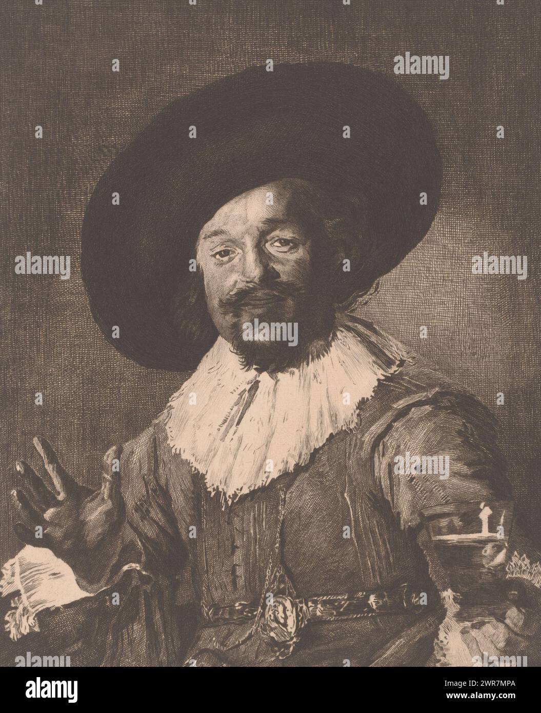 Man with hat and drinking glass, The cheerful drinker, print maker: Charles Théodore Bernier, (signed by artist), after painting by: Frans Hals, 1888, paper, etching, height 298 mm × width 240 mm, print Stock Photo