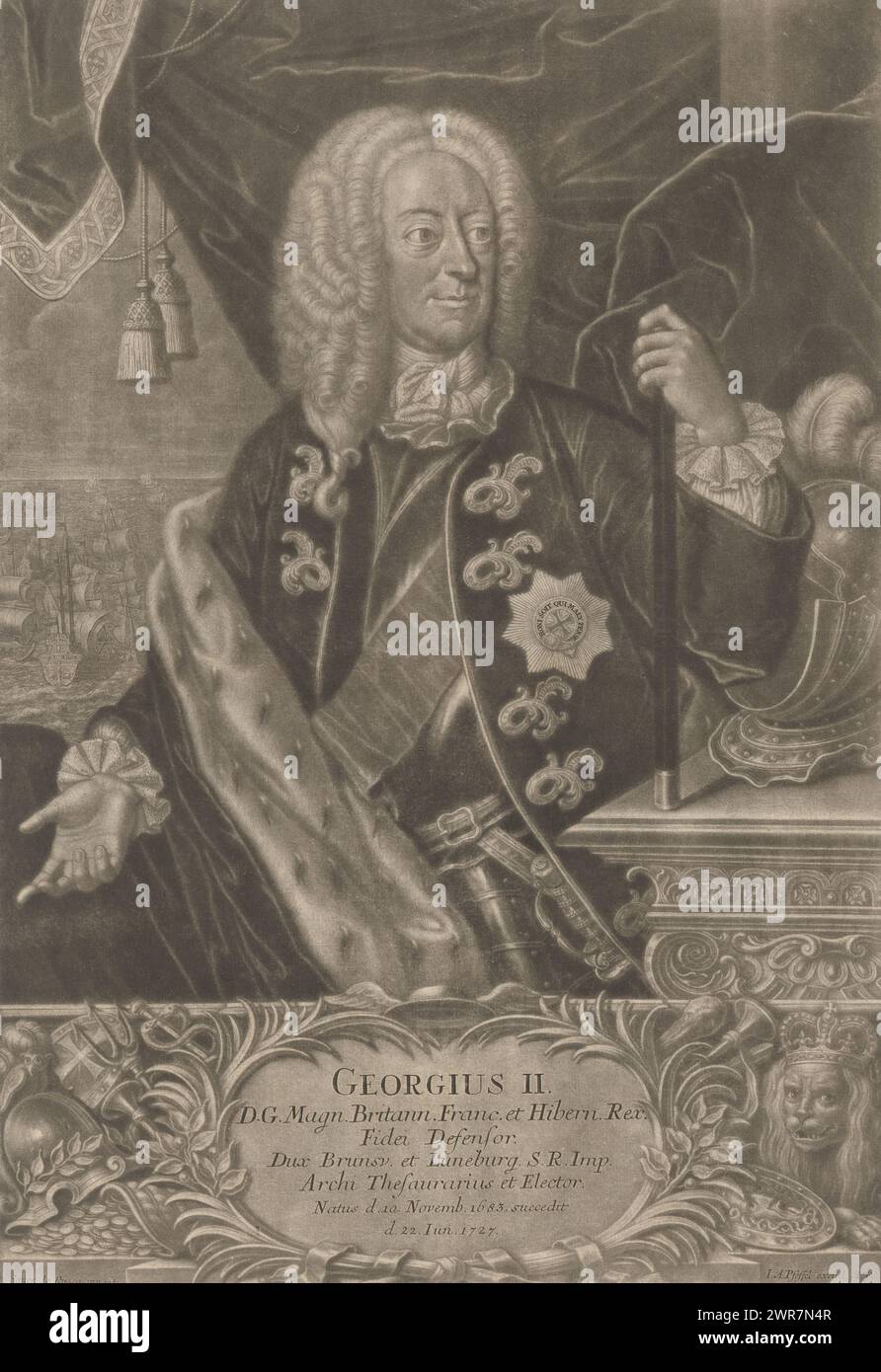 Portrait of George II, King of Great Britain, print maker: Johann Andreas Pfeffel (der Jüngere), (possibly), after painting by: Carlo Francesco Rusca, publisher: Johann Andreas Pfeffel (der Jüngere), Augsburg, 1727 - 1768, paper, height 483 mm × width 330 mm, print Stock Photo