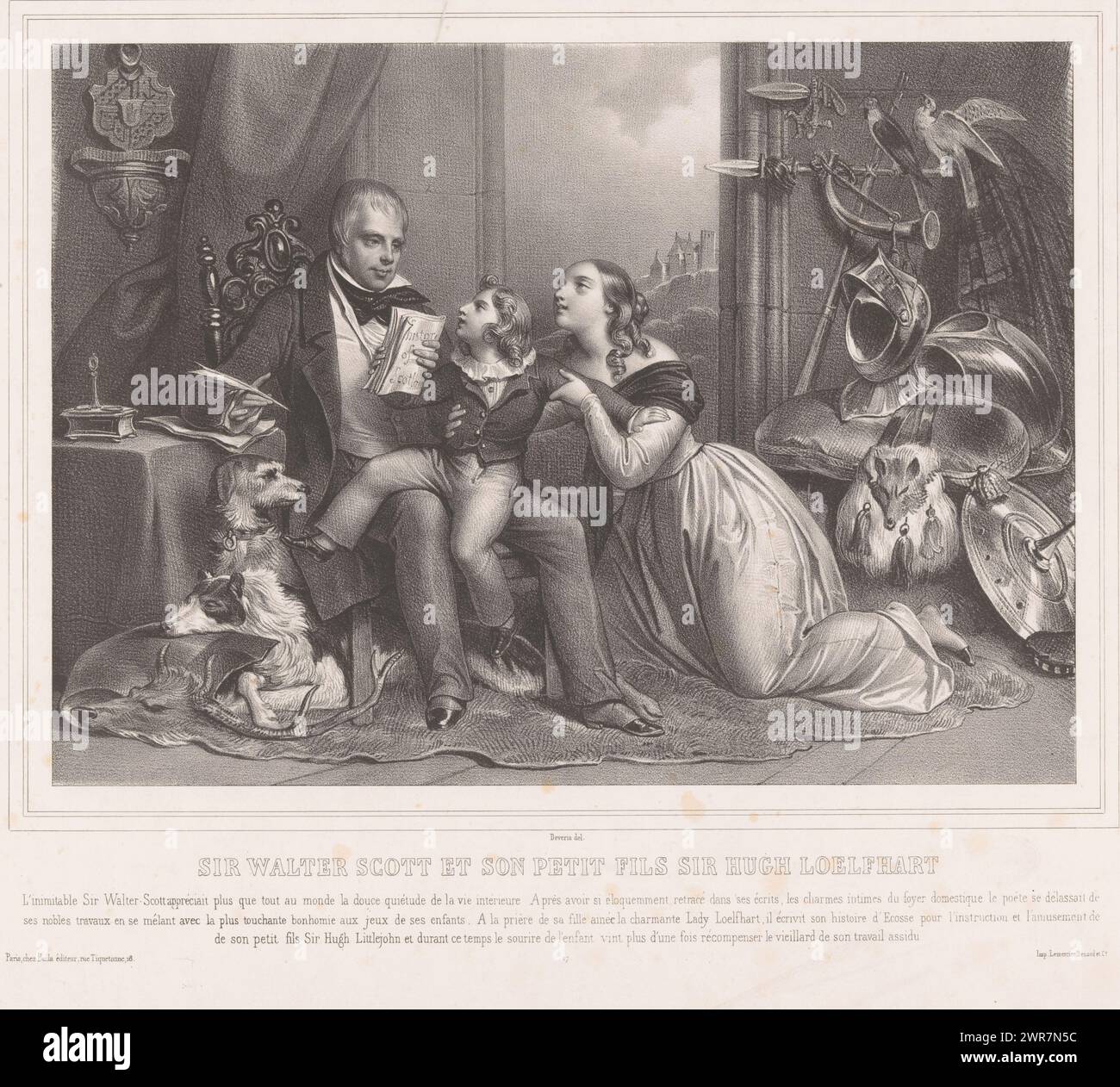 Walter Scott with his daughter Charlotte Sophia and his grandson John Hugh Lockhart, Sir Walter Scott et son petit fils Sir Hugh Loelfhart (title on object), print maker: Achille Devéria, printer: Benard Lemercier & Cie, publisher: Eugène Bulla, Paris, 1839 - 1842, paper, height 386 mm × width 550 mm, print Stock Photo