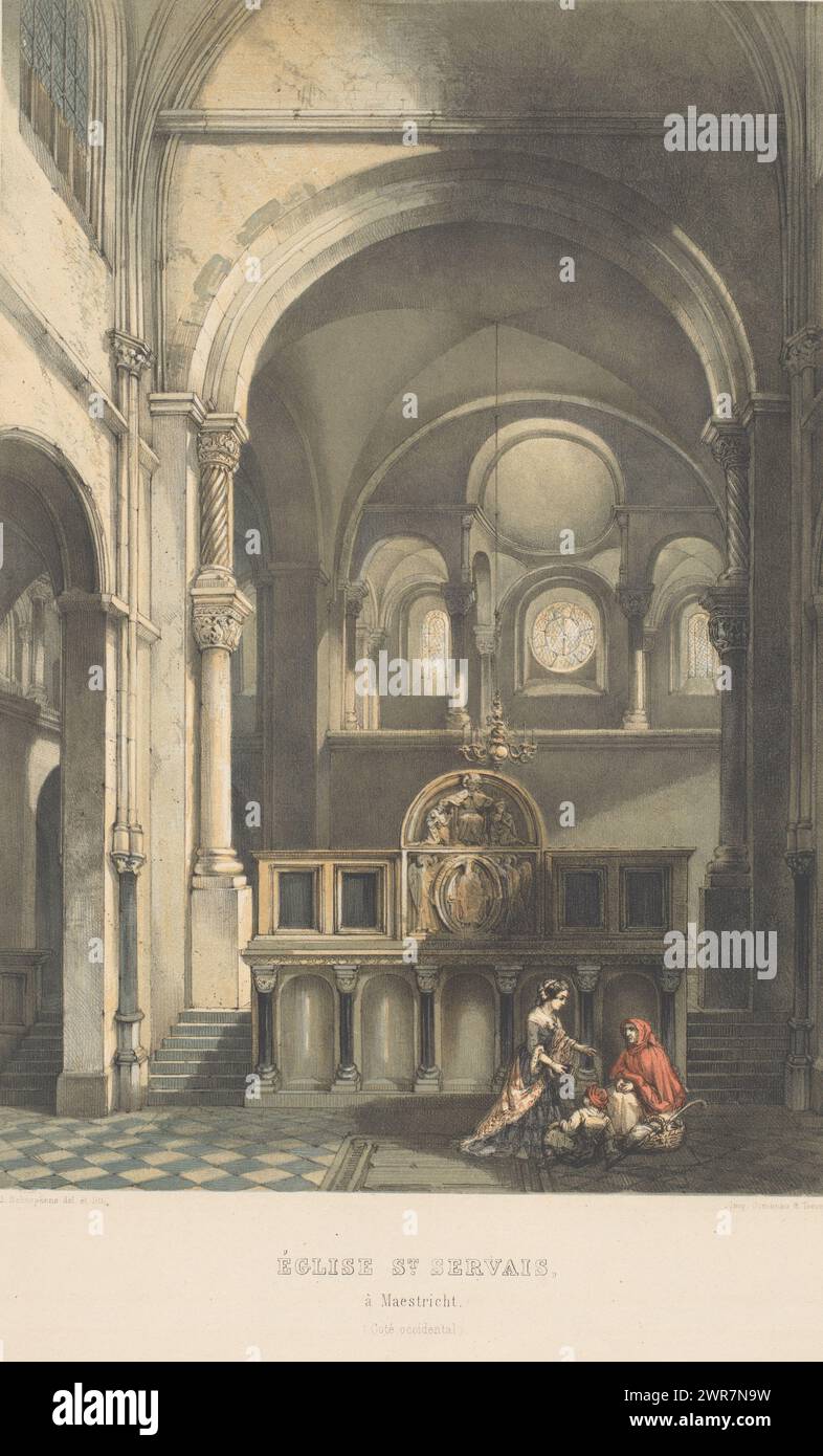 Interior of St. Servaas Basilica in Maastricht, Église St Servais, à Maestricht (Coté occidental) (title on object), Anciens Monuments d'Architecture du Onzième Siecle au Treizieme Siecle dans le Limbourg (series title), An old woman, young woman and child sitting in front of the west altar of St. Servatius' Basilica., print maker: Alexander Schaepkens, after own design by: Alexander Schaepkens, printer: Simonau & Toovey, print maker: Maastricht, printer: Brussels, 1855, paper, height 554 mm × width 423 mm, print Stock Photo